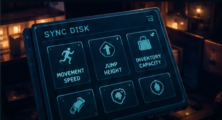 Sync Disk interface showing movement speed, jump height and inventory capacity