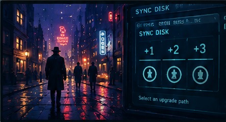 Shadows of Doubt city scene and Sync Disk interface